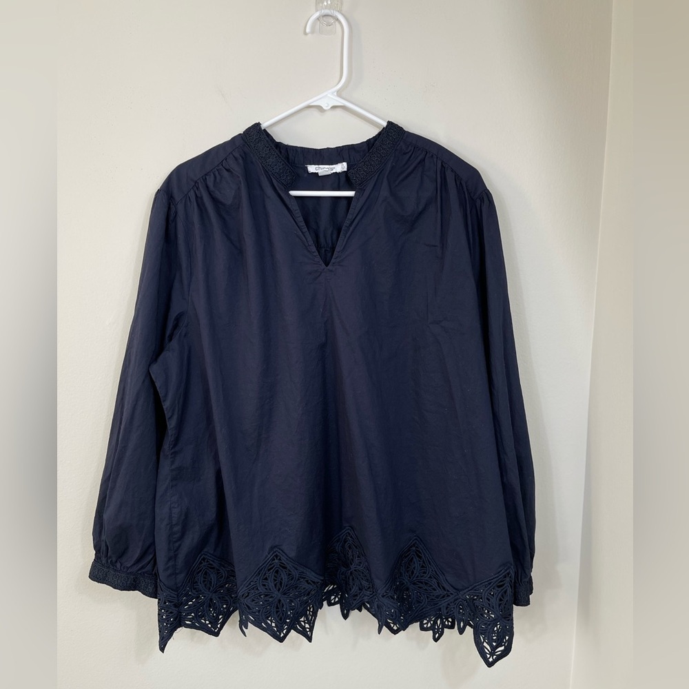 Chico's Elegant Blue Navy Women's Lace Trim Top Blouse Cotton Casual Career Sz 4 - Picture 1 of 16